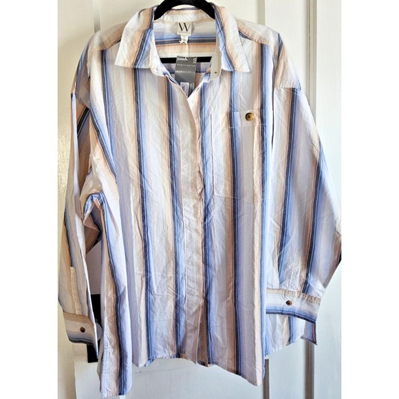Worthington Tops - NWT Worthington woman long sleeve side‎ slits button up long shirt striped Sz L